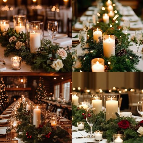 Elegant December Wedding Table Setting Ideas: Cozy Tips & Inspo - Yeah Weddings Pine Table Decor Wedding, Winter Wedding Centerpieces Rectangle Table, Christmas Wedding Elegant, December Wedding Centerpieces, Winter Wonderland Reception, December Wedding Reception, Elegant December Wedding, Winter Wedding Table Decorations, Wedding Table Setting Ideas