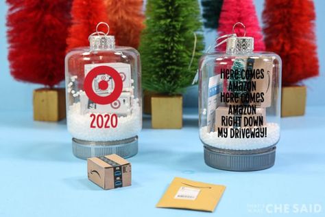 Amazon Ornaments Diy, Diy Gumball Machine, Mickey Mouse Ornaments, Amazon Box, Amazon Christmas, Grinch Ornaments, Quick Crafts, Cricut Projects Beginner, Christmas Packaging