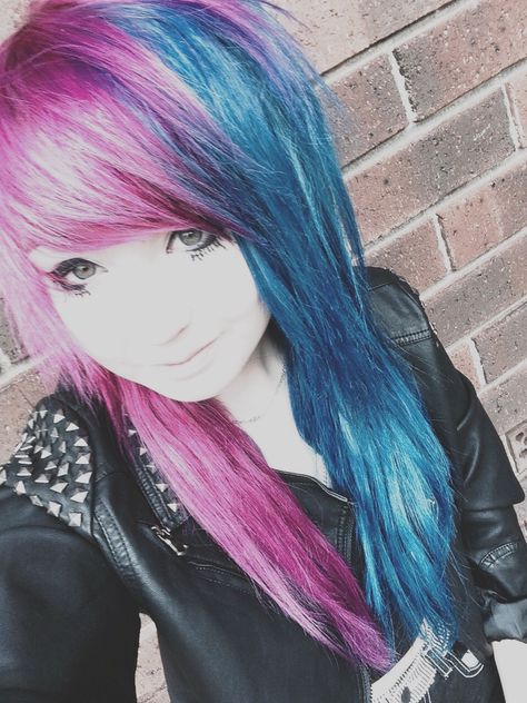 Pink and blue hair  Spiked jacket Alternative/punk Pink And Blue Scene Hair, Spiked Jacket, Scene Girl Fashion, Pink And Blue Hair, Scene Hair Colors, Alternative Hairstyles, Women Alternative, Scene Hairstyles, Blue Purple Hair