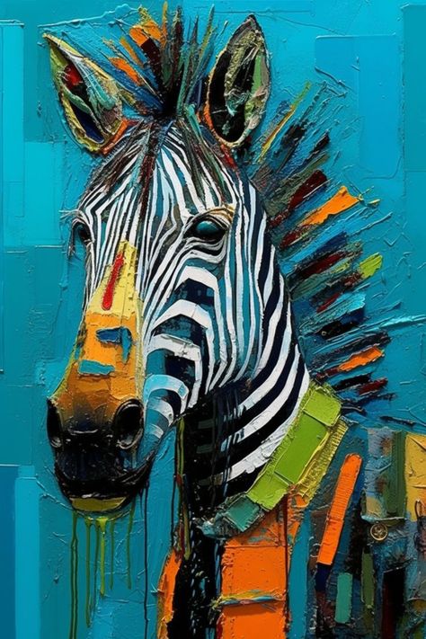 Contemporary art with this striking abstract print featuring a charming zebra. Dominant hues of turquoise, black, and hints of blue complemented by vibrant green, yellow, and orange tones. Emulating the textured brushstrokes of acrylic and oil paints on canvas, this artwork creates a beautiful yet enigmatic masterpiece. Perfect for enthusiasts of modern art, adorn your decor, clothing, gadgets, pastel accessories, and bath essentials with this alluring print! #GiveMeMod #HomeDecorIdeas Zebra Painting Acrylics, Zebra Abstract, Modern Cat Art, Zebra Artwork, Cactus Paintings, Pastel Accessories, Animal Paintings Acrylic, Zebra Painting, Zebra Canvas