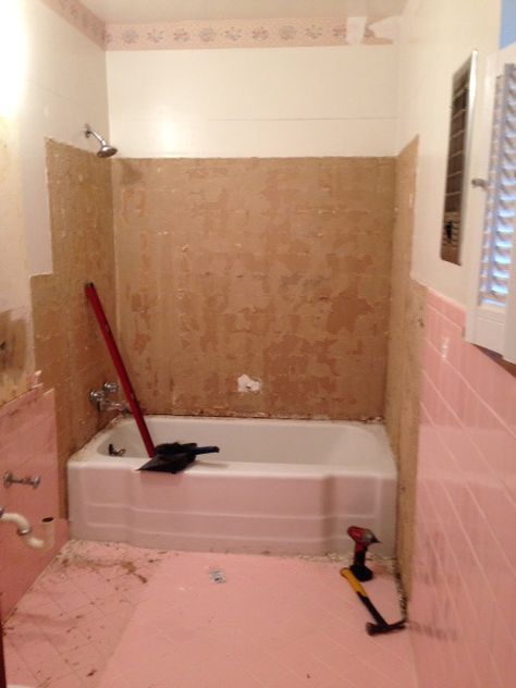 q how do i remove the adhesive from 1950 s pink wall tiles, bathroom ideas, diy, home maintenance repairs, how to, tiling Remove Bathroom Tile, 1950 Bathroom Remodel, Removing Bathroom Tile, Pink Wall Tiles, 1950 Bathroom, Pink Tile Bathroom, Bathroom Wall Tiles, Murs Roses, Tile Removal