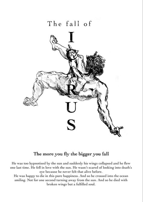 The fall of Icarus poster Greek Mythology Poster Aesthetic, Greek Mythology Prints, Greek Posters Mythology, Greek Gods Poster, Greek Mythology Room Aesthetic, Ancient Greek Illustration, Icarus Poster, Greek Mythology Posters, Fall Of Icarus Tattoo