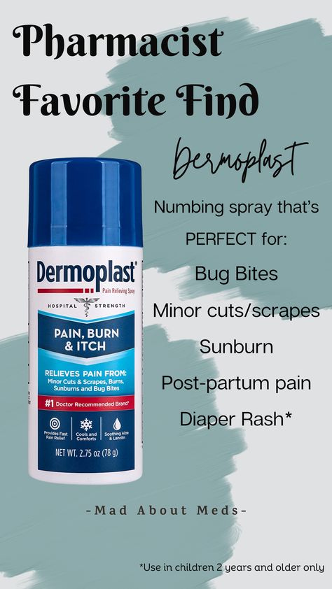 Dermoplast has SO MANY uses and I use it all of the time on myself and my family! This is a lifesaver for BUG BITES to lessen the itch and for post-partum pain ... downstairs! I also use it when my 2 year old has a bad diaper rash to lessen the pain! Itch Relief, Bug Bites, Post Partum, Pharmacist, Life Savers, Postpartum, A Bad, My Family, Pain Relief