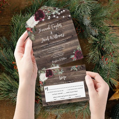 Rustic Christmas Winter Wood String Lights Wedding All In One Invitation Christmas Barn Wedding, Rustic Christmas Wedding, Bridal Shower Save The Date, Winter Wedding Theme, Wedding Ideas Invitations, Barn Christmas, Christmas Barn, Pine Boughs, Christmas Wedding Invitations