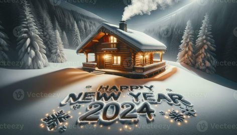 2024 Written, Wooden Cabin, Happy New Year Gif, New Year Gif, Vector Art Design, 4 December, Happy New Year Cards, Snowy Landscape, Happy New Year 2024