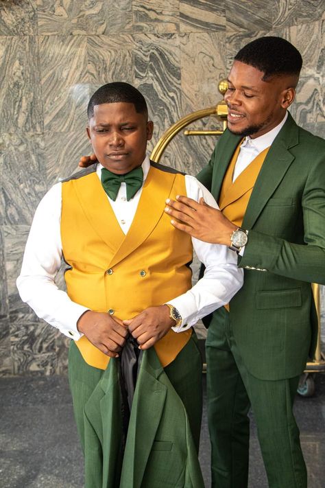 Mustard Yellow Wedding Theme, Mustard Yellow And Emerald Green, Green Tux, Mustard Yellow Wedding, Green Wedding Suit, Yellow Wedding Theme, Emerald Green Weddings, African Dresses For Kids, Yellow Wedding