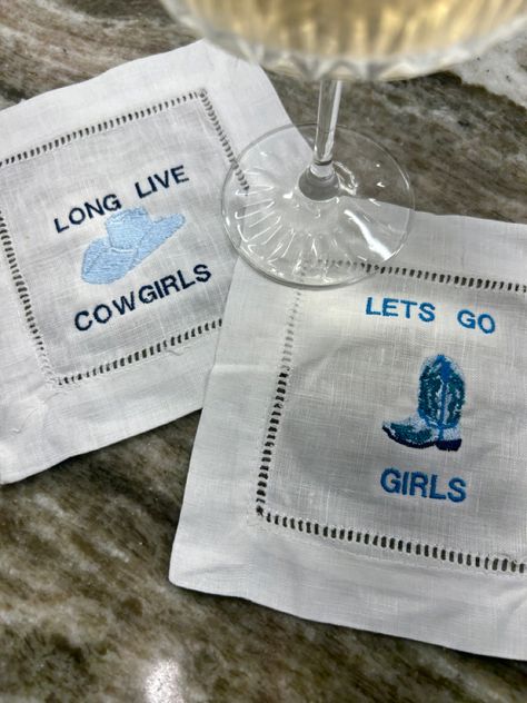 Coastal Cowgirl Embroidered Cocktail Napkins Cowgirl Bachelorette Aesthetic, Coastal Cowgirl Party Decor, Coastal Cowgirl Bachelorette Decor, Cowgirls And Cocktails, Coastal Cowgirl Theme, Cowgirls And Cocktails Bachelorette, Coastal Cowgirl Birthday, Cowgirl Bachelorette Theme, Bach Favors