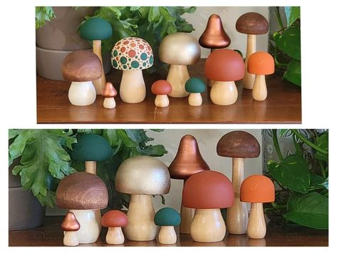 Fall Forest Set Hand Painted Wooden Mushrooms Planter - Etsy Painted Wooden Mushrooms, Mushroom Shelf, Wooden Mushrooms, Mushroom Crafts, Fall Forest, Wood Peg Dolls, Mushroom Decor, Woodland Nursery Decor, Wooden Pegs