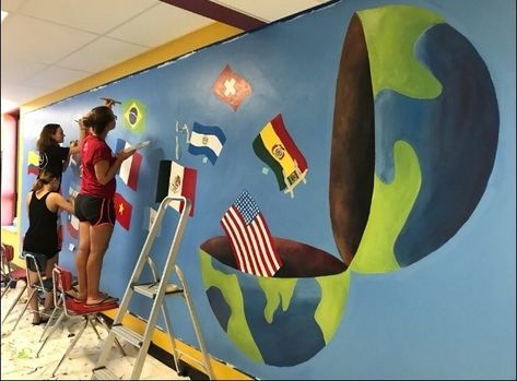 Geography Classroom Ideas, School Murals Hallways, Hallways Inspiration, Diversity Mural, Multicultural Night, Spanish Teacher Classroom, Garage Drawing, Bloxburg School, School Branding