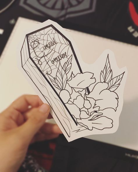 thoughts? #drawing #tattooidea #art #flower #coffin Feminine Coffin Tattoo, Coffin Sketch, Coffin Tattoo Ideas, Coffin Drawing, Coffin Tattoo Design, Coffin Art, Illusion Tattoo, Coffin Tattoo, Drawing Outlines