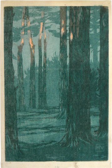 Scholten Japanese Art | Woodblock Prints | Hans Neumann Forest scene Japanese Forest, Pine Trees Forest, Japanese Artwork, Forest Illustration, Japanese Woodblock Printing, Artist Life, Artist Gallery, Japanese Prints, Woodblock Print