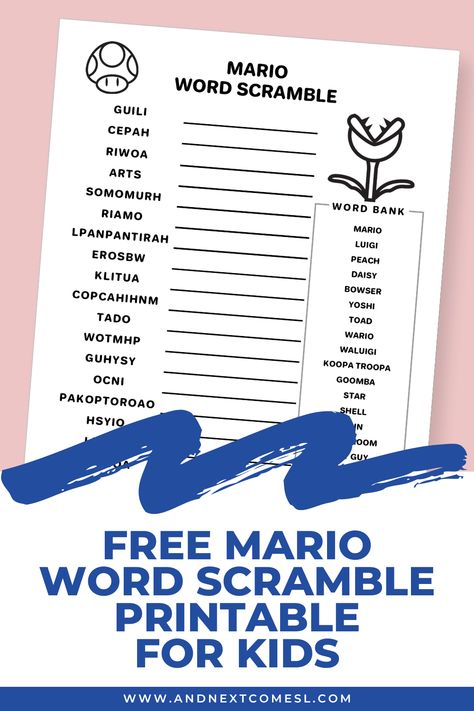 A screenshot of a Mario word scramble game on a light red background. There is a text overlay in navy that says "Free Mario Word Scramble Printable." Mario Math Activities, Mario Maze Printable, Mario Word Search, Mario Worksheets, Mario Activities, Mario And Friends, Mario Day, Scramble Game, Mushroom Kingdom