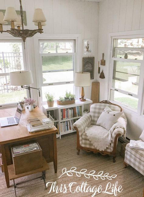 Cottage Style Office, Christmas Paper Lanterns, Lanterns For Christmas, Cozy Office Space, Antique Hoosier Cabinet, Cottage Office, Vintage Home Office, Cottagecore Home, Cozy Office