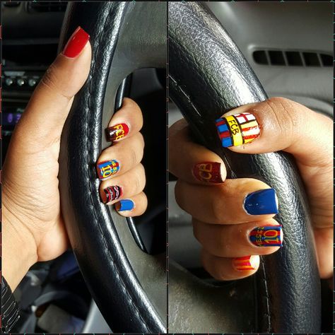 Nail art FC BARCELONA  FCB  Barça Long Oval Nails, Barcelona 2023, Popular Nail Colors, Nails Pretty, Nails Gold, Best Nail Salon, Barcelona Fc, Really Cute Nails, Nails Only