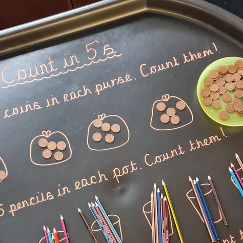 Lynny Welch on Instagram: "Counting in 5s tuff tray today. Super quick to set up utilising the resources avaliable in the classroom. #tufftray #teachingingtufftrays #tuffyteacher #tuffytuesdays #tufftrayinspiration #tufftrayprovision #mathsinatufftray #year1maths #year1mathsresources #year1 #year1teacher #year1classroom" Money Tuff Tray Ideas, Continuous Provision Year 1, Preschool Maths, Atrium Ideas, Maths Eyfs, Year 1 Classroom, Eyfs Maths, Counting In 5s, Year 1 Maths