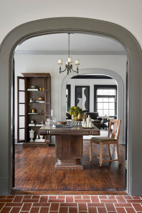 Brick Floor Kitchen, Art Deco Dining Table, Country Ideas, Art Deco Dining, Leaded Glass Windows, American Houses, Brick Flooring, Cottage Interiors, Amber Interiors