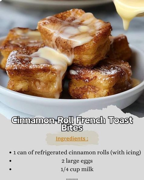 Lidia Bastianich_👩‍🍳🥣 | Cinnamon Roll French Toast Bites Recipe | Facebook French Toast Bites Recipe, Cinnamon Rolls With Icing, French Toast Bites, Cinnamon Roll French, French Toast Roll Ups, Cinnamon Roll French Toast, Breakfast Specials, French Toast Breakfast, Recipe Ingredients