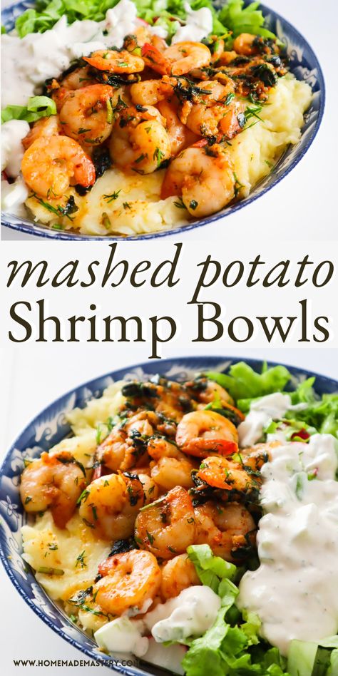 Shrimp Bowls, Spicy Garlic Shrimp, Spicy Shrimp Recipes, Different Salads, Potato Dinner, Healthy Dinner Ideas, Baked Shrimp, Mashed Potato Recipes, Spicy Shrimp