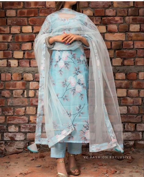 Chiffon Kurti, Peony Blue, Organza Kurti, Bollywood Dress, Embroidered Kurti, Floral Print Pants, Kurtis With Pants, Net Fabric, Fashion Attire