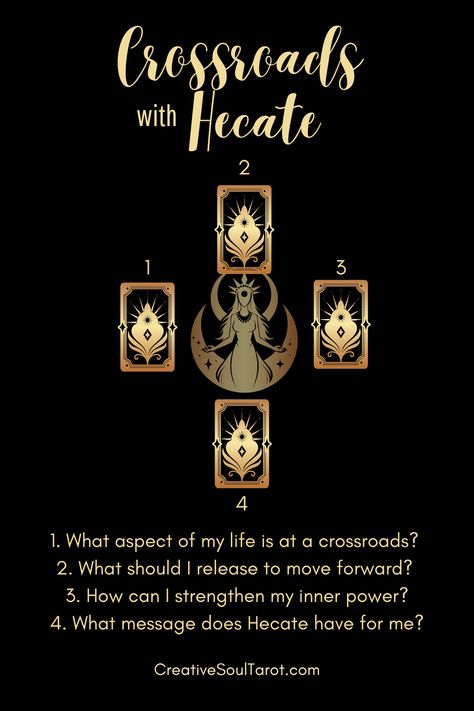 A tarot spread for when you're standing at a crossroads in life and need the guidance of Hecate.   #tarot #hecate #tarotspreads #creativesoultarot New Deck Tarot Spread, Hecate Tarot Spread, Yule Tarot Spread, Mother Hekate, Tarot Spreads For Love, Full Moon Tarot Spread, Hecate Aesthetic, Tarot Spreads Layout, Tarot Practice