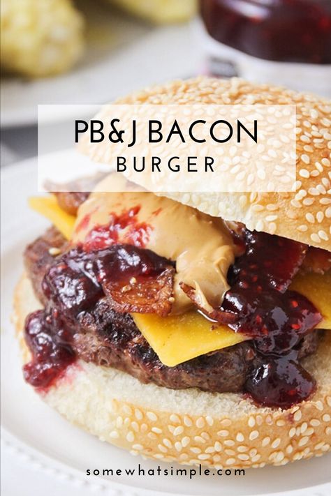 cheeseburger with peanut butter and jelly Peanut Butter Hamburger, Peanut Butter And Jelly Hamburger, Bar Burger Recipes, Pb And J Burger, Peanut Butter Burgers, Burger And Peppers Recipe, Peanut Butter Burger Recipe, Pb&j Burger, Peanut Butter Jelly Burger