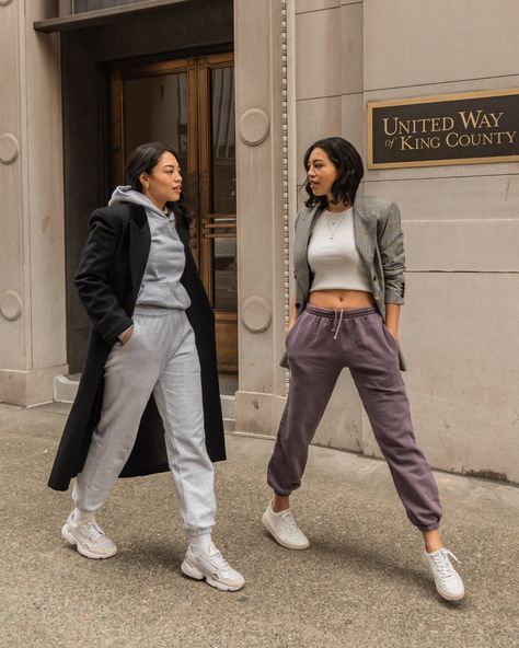 How to style sweat pants | katandkim.com Stylish Jogging Outfits, Sweat Pants Style, Black Jogger Pants Outfit Winter, Sweatpants Styling, How To Style Sweat Pants For Women, Sweat Pant Outfits For Women, How To Style Sweatpants In Winter, Styled Sweatpants, Sweatpants Outfit Winter Street Styles