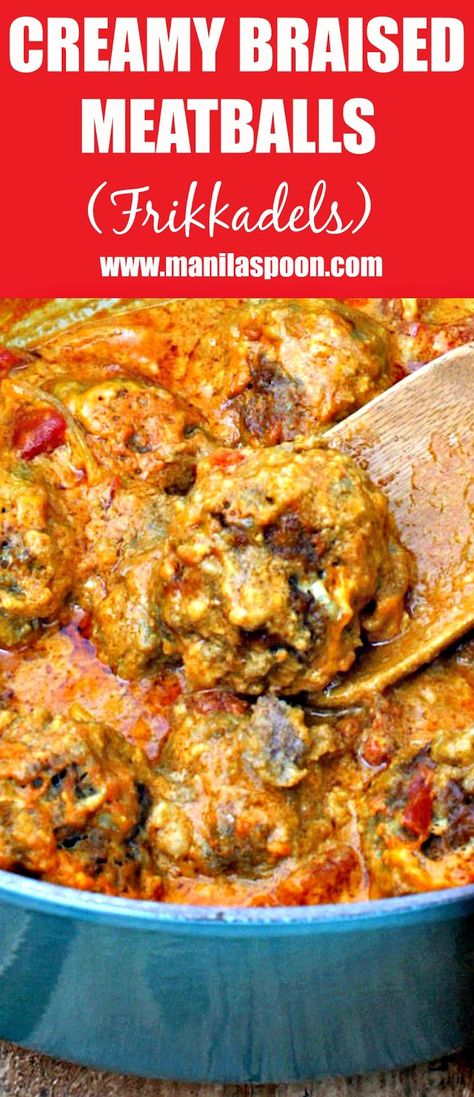 Deliciously creamy and perfectly spiced braised meatballs. This South African dish (Frikkadels) is a family favorite! | manilaspoon.com Braised Meatballs, Giant Meatballs, South African Dishes, Tomato Curry, African Dishes, Africa Food, African Cooking, South African Food, South African Recipes