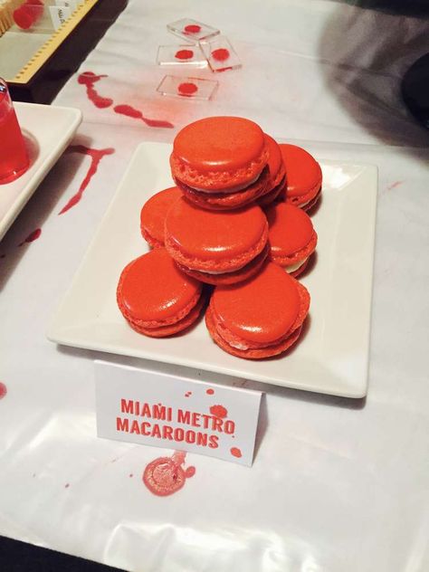 Red macarons at a Dexter Halloween party! See more party ideas at CatchMyParty.com! Dexter Party, Dexter Halloween, Halloween Housewarming Party, Breaking Bad Gifts, Red Macarons, Senior Party, Bad Gifts, Dexter Morgan, 23rd Birthday