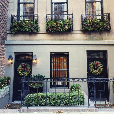 “TGIF. #christmas #uppereastside” Front Of House Makeover, Faux Balcony, Alyssa Kapito, Balcony Exterior, Mediterranean Exterior, Front Yard Design, Balcony Railing, Yard Design, House Elevation