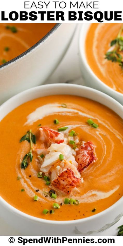 Lobster bisque is an easy fancy recipe that you can easily make at home or when company’s coming! #spendwithpennies #lobsterbisque #maindish #appetizer #specialoccasionrecipes #lobsterrecipes #easybisquerecipes #easyseafoodrecipes #lowcarbsoups #seafoodstew Lobster Soup, Seafood Boils, Lobster Bisque Recipe, Bisque Soup Recipes, Lobster Bisque Soup, Coastal Luxury, Bisque Soup, Lobster Dishes, Seafood Bisque