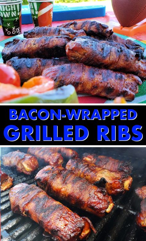 Cook BBQ bacon wrapped ribs on your grill, CLICK for this easy recipe! #BBQ #grill #grilling #grilled #barbecue #ribs #pork #bacon #MakeEasyMoreInteresting #SimplyHatfield Marinated Pork Ribs, Ribs On The Grill, Grilled Bacon, Veggie Kabobs, Bacon Wrapped Pork, Backyard Grill, Recipes Grilling, Grill Food, Bbq Bacon