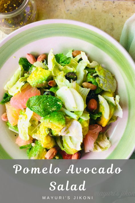 Have you ever tried pomelo in a salad? No, then you should try this Pomelo Avocado Salad, filling, nutritious, colourful, easy peasy and delicious. #salad #avocado #pomelo #summerfood #healthy #easyrecipe #glutenfree#vegan #lightmeal Pomelo Salad Vegetarian, Pomelo Salad Recipe, Pomello Salad, Salad Dressing Vegan, Salad Filling, Yum Salad, Pomelo Salad, Vegetarian Platter, Salad Avocado