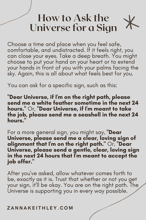 How to Ask the Universe for a Sign (A Complete Guide) - Zanna Keithley Spiritual Psychology, Spiritual Awakening Signs, Witch Spirituality, Spiritual Journals, Magic Spell Book, Energy Healing Spirituality, Spiritual Manifestation, Manifestation Journal, Positive Self Affirmations