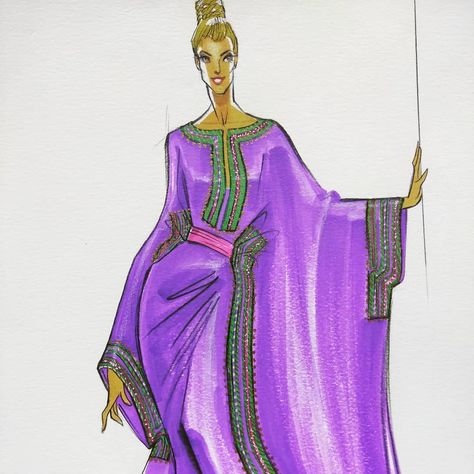 Detail of kaftan illo for Reem Acra. Marker, watercolor and color pencil on paper. #kaftan #markerillustration #fashionsketch #fashiodesign #purple #sketch Kaftan Sketch, Kaftan Illustration, Purple Sketch, Watercolor And Color Pencil, Marker Watercolor, Reem Acra, Sketches Dresses, Pencil On Paper, Color Pencil