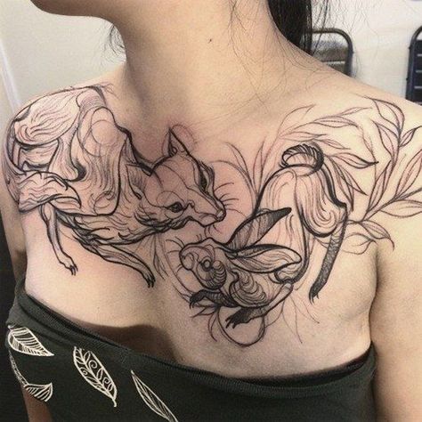 Abstract style black ink fox with little rabbit tattoo on chest Chris Garver, Monami Frost, Kunst Tattoos, Rabbit Tattoos, Chest Tattoos For Women, Geniale Tattoos, Fox Tattoo, Body Modification, Tattoo Love