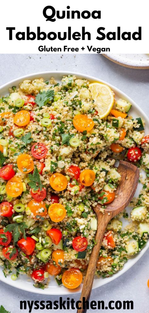 This quinoa tabbouleh salad is such a fresh and flavorful gluten free version of a classic tabbouleh recipe! Made with fluffy quinoa, sweet cherry tomatoes, crisp cucumber, green onions, aromatic parsley, and a bright and simple lemony dressing. Gluten free, vegan & so dang tasty! Lemony Dressing, Fluffy Quinoa, Tabbouleh Recipe, Quinoa Tabbouleh, Tabbouleh Salad, Vegetarian Foods, Quinoa Healthy, Easy Salad, Veggie Side Dishes