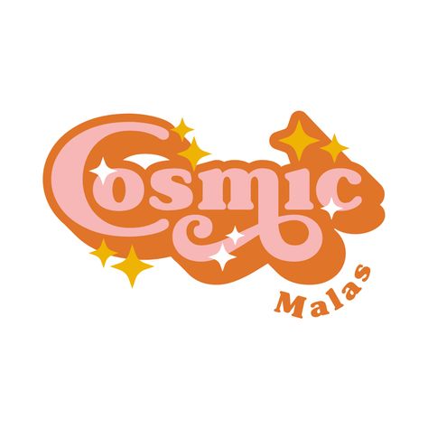 Light pink and burnt orange swirly font with stars layer on top for main business name, followed by smaller orange type for what the business does Groovy Logo Graphic Design, Groovy Logo Ideas, Trippy Logo Design, Groovy Branding Design, Cosmic Typography, Asthetic Logos, Cosmic Branding, Groovy Graphic Design, Groovy Branding