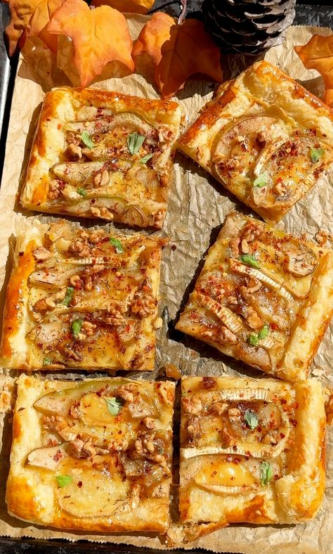 Brie and Pear Puff Pastry Tart Pear Cheese Tart, Brie And Pear Puff Pastry, Puff Pastry Pear Tart, Pear And Brie Puff Pastry Tarts, Pear Puff Pastry, Brie And Pear, Creamy Brie, Easy Tart Recipes, Squash Fritters