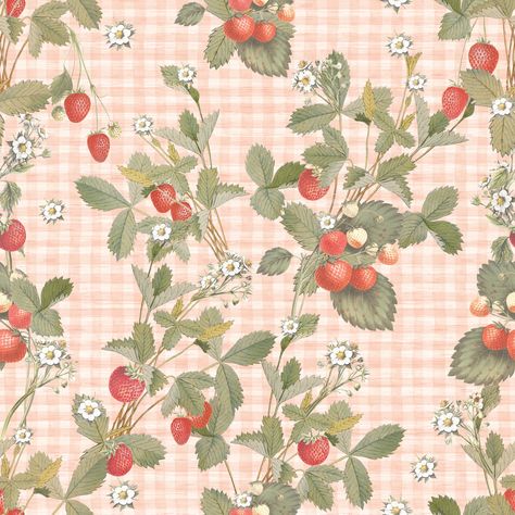 Wild vintage strawberries and pastel pink gingham checks , Raspberry Creek Fabrics Cottage Core Background, Cottage Core Style, Pink Cottage, Yellow Gingham, Romantic Cottage, Gingham Fabric, Strawberry Print, Vintage Collage, Fruit Pattern