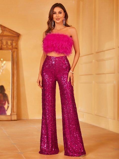 Product Code: LAWU6001 Embellishment: Sequin Fabric: 100% Polyester Back Style: Zipper Up Fully Lined: Yes Built-in Bra: No Available Color: Purple Stretch: Moderate Fits true to size Imported Model Information: Height: 5' 2" Bust: 33.5'' Waist: 24“ Hips: 35.5” wearing US size Small Fancy Pants Outfit, Feather Tube Top, Sequins Pants Outfit, Sequin Wide Leg Pants, Disco Party Outfit, Hot Pink Pants, Hot Pink Fashion, Hen Party Dress, Hen Party Outfits