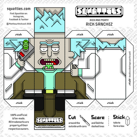 RICK SANCHEZ - Characterisation from the Adult Swim animated series 'Rick And Morty', by Justin Roiland and Dan Harmon.   Follow the link to the squatties.com for more free paper craft, paper toy downloads: Rick And Morty Template, Papercraft Character, Toy Template, Finn Star Wars, Toy Character, Character Design Art, Morty Smith, Aardman Animations, Leia Star Wars