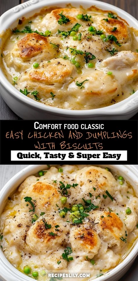 Savor the comfort of easy chicken and dumplings made with flaky biscuits! This delicious, hearty dish is perfect for busy weeknights or cozy family gatherings. With tender chicken, rich broth, and fluffy dumplings, it's a one-pot wonder that will warm your heart. Explore our simple recipe and discover how to whip up this classic favorite in no time. Treat your taste buds to a delightful meal that's both satisfying and effortless! Chicken And Dumplings Instant Pot With Biscuits, Chicken Dumpling Bake, Chicken And Dumplings Cheddar Bay Biscuits, Cast Iron Chicken And Dumplings, Chicken N Dumplings Recipe Easy, Chicken & Dumplings, Easy Chicken And Dumplings With Biscuits, Chicken Snd Dumplings, Hearty Meals Comfort Foods