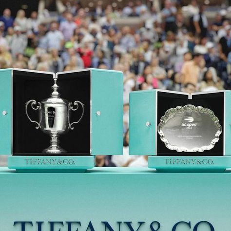 Tiffany & Co. on Instagram: "A celebration of love, a tradition of excellence. For the first time in history, the US Open Tennis Championship trophy ceremony is Tiffany Blue®. Continuing the House’s legacy of crafting symbols of athletic achievement for nearly two centuries, this year’s 2024 US Open Tennis Championship Trophies and awards were on display in our iconic Tiffany Blue® trophy cases. 

#TiffanyAndCo #CraftingVictory" Tennis Awards, Trophy Case, Us Open Tennis, Tennis Championships, Awards Trophy, Tiffany And Co, Us Open, Tiffany Blue, Tiffany & Co.