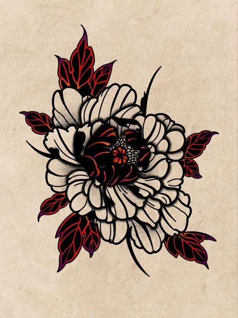 Red Black Tattoo Sleeve, Black And Purple Flower Tattoo, Chrysanthemum American Traditional Tattoo, Traditional Style Drawings, Black And Red Flower Tattoo, Black And Red Tattoo Sleeve, American Traditional Floral Tattoo, Japanese Flower Drawing, Shading Tattoo Designs