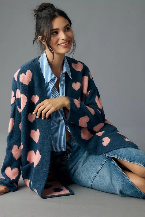 Hearts Cardigan, Anthro Style, Camo Cardigan, Heart Cardigan, Houndstooth Pants, Spring Fashion Outfits, Prom Dresses Online, Cashmere Cardigan, Sweaters Oversized