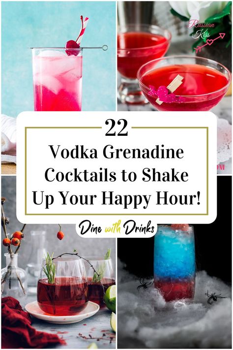 Collage of 4 vodka grenadine cocktails. Vodka Drinks Recipes Easy, Vodka Mixed Drinks Recipes, Drinks With Grenadine, Grenadine Recipe, Cocktail Shaker Recipes, Toffee Vodka, Grenadine Cocktail, Signature Cocktail Drinks, Vodka Mixed Drinks