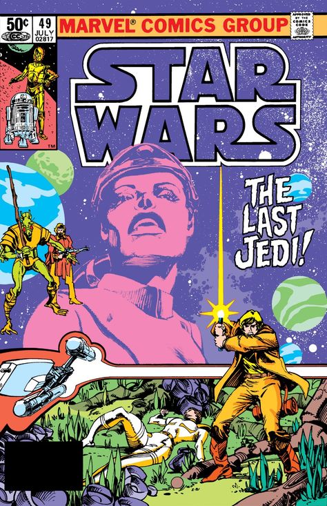 Star Wars 49: The Last Jedi is the forty-ninth issue in the Marvel Star Wars series of comics. Princess Leia Organa, Luke Skywalker and the droids take a Y-wing fighter to a jungle planet where they answer a beacon left behind by Prince Denid of Velmor. Denid, his betrothed Loren, and his friend Jedidiah crash-landed on this world years ago, a crash that claimed Loren's life. It is now imperative that he returns to Velmor to take the rite of succession or else his younger brother, an Imperial Star Wars Comic Books, Robert E Howard, 70s Sci Fi Art, Star Wars The Last Jedi, Star Wars Prints, Star Wars 1977, The Last Jedi, Space Fantasy, Star Wars Comics