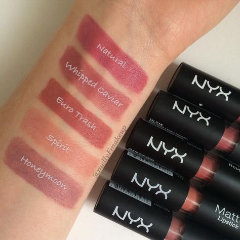 NYX Matte lipsticks in Natural, Whipped Caviar, Euro Trash, Spirit, and Honeymoon. Follow my instagram @mellyfmakeup for more! Nyx Honeymoon, Matte Make Up, Euro Trash, Lip Looks, Nyx Matte Lipstick, Nyx Lipstick Matte, Nyx Matte, Alat Makeup, Nyx Lipstick