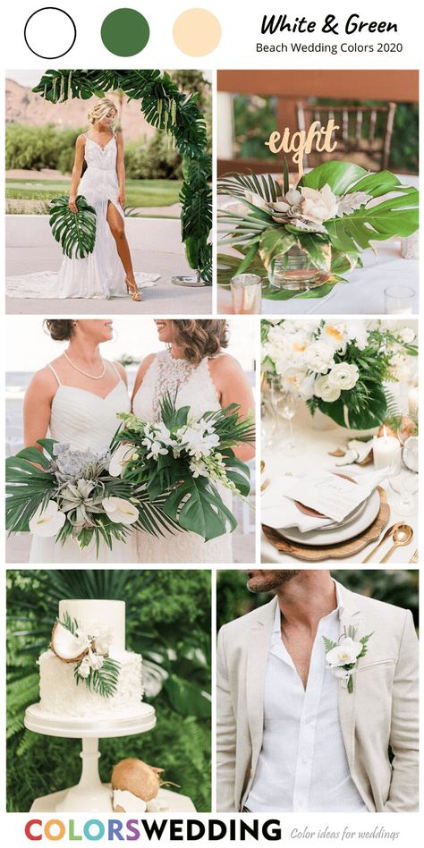 Hunter Green Beach Wedding, Toasted Coconut Wedding Colors, Wedding Colors Tropical, Green And Gold Beach Wedding, Sage Green Tropical Wedding, Olive Green Beach Wedding, Green And White Beach Wedding, Tropical Wedding Palette, Coconut Shell Decoration