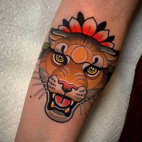 DAVE WAH - Tattoo Artist - Baltimore Maryland Mountain Lion Tattoo Traditional, Traditional Mountain Lion Tattoo, Vintage Lion Tattoo, Neo Traditional Lioness Tattoo, Lioness Tattoo Traditional, Traditional Puma Tattoo, Traditional Lioness Tattoo, Traditional Tattoo Lion, Neo Traditional Lion Tattoo